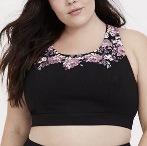 Torrid Active Low-Impact Wireless Lattice Back Black w/ Florals Sports Bra VG 1